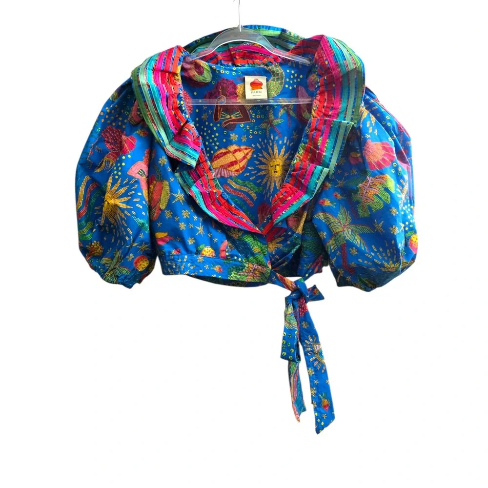 Farm Rio Blue Ocean Stories Wrap Vibrant Tropical Print Puff Sleeve Crop Top